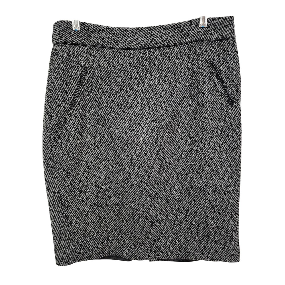 CYNTHIA ROWLEY Size 10 Gray Tweed Preppy Work Pencil Skirt PU Trim Slit Pockets